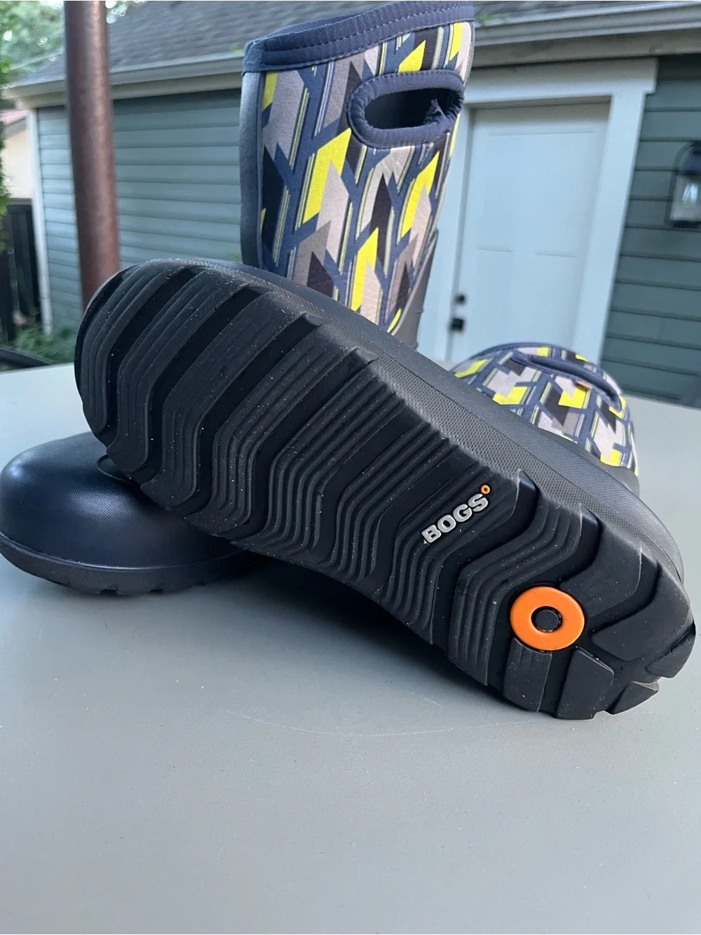 Bogs Kids Navy, Yellow & Gray Geometric Waterproof Boots